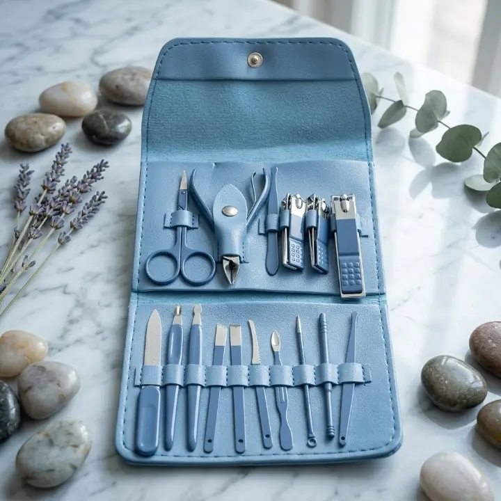 Blue 16 piece manicure and pedicure kit opened in its travel case