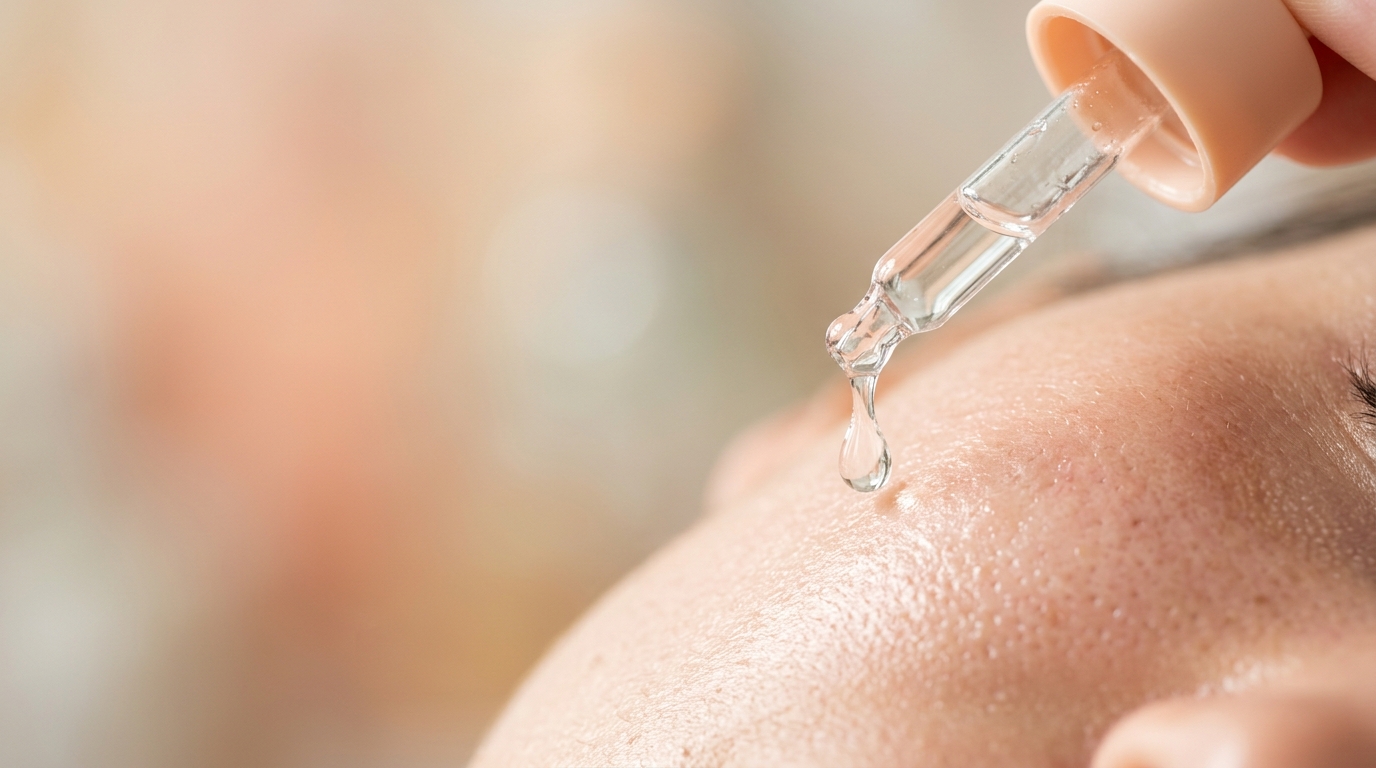 Applying active serum dropper directly on glowing clear skin