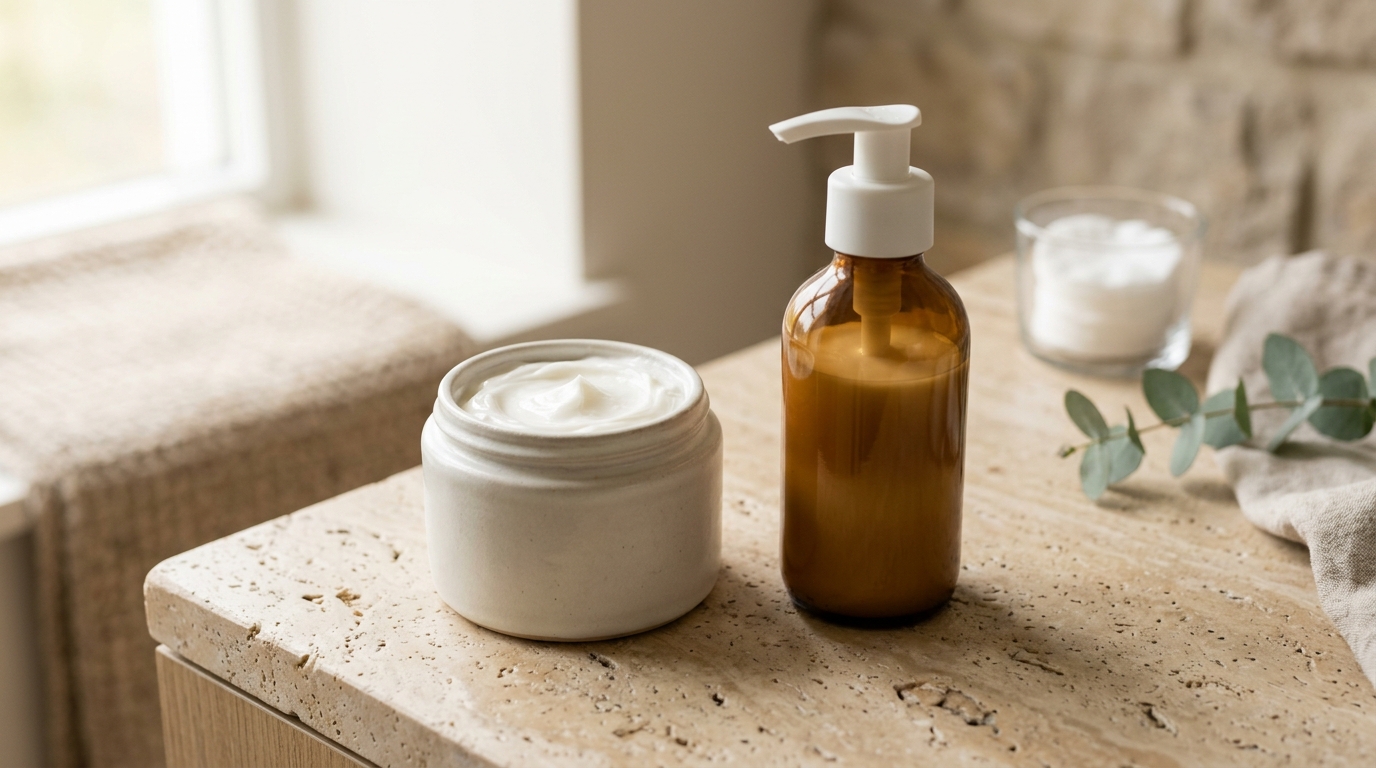 Soothing ceramic jar of ceramide barrier cream and gentle pump wash on travertine stone