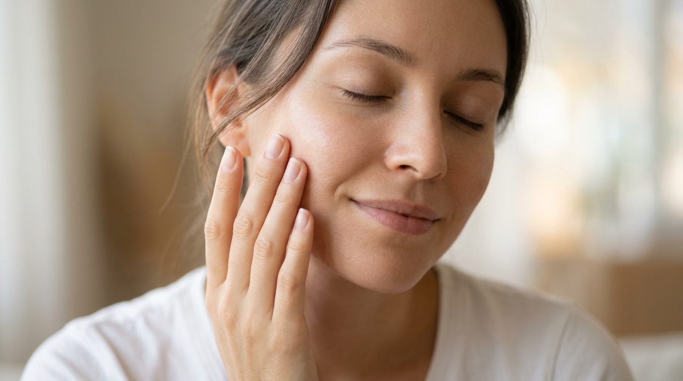 Peaceful close-up of woman touching healthy calm radiant hydrated cheek
