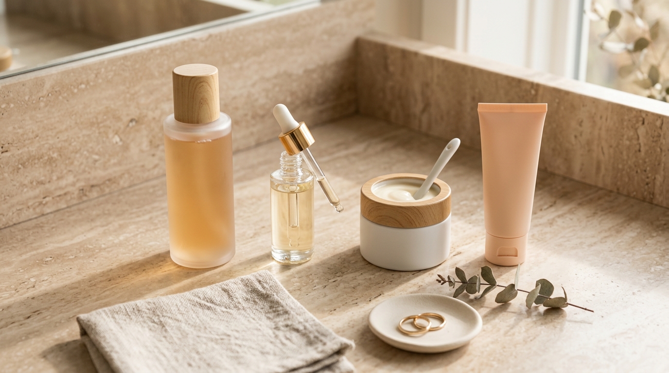 Aesthetic flat-lay of clean daily skincare routine essentials