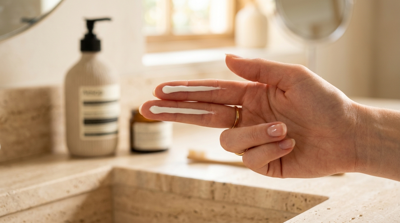 Aesthetic close-up showing the exact two-finger sunscreen application rule