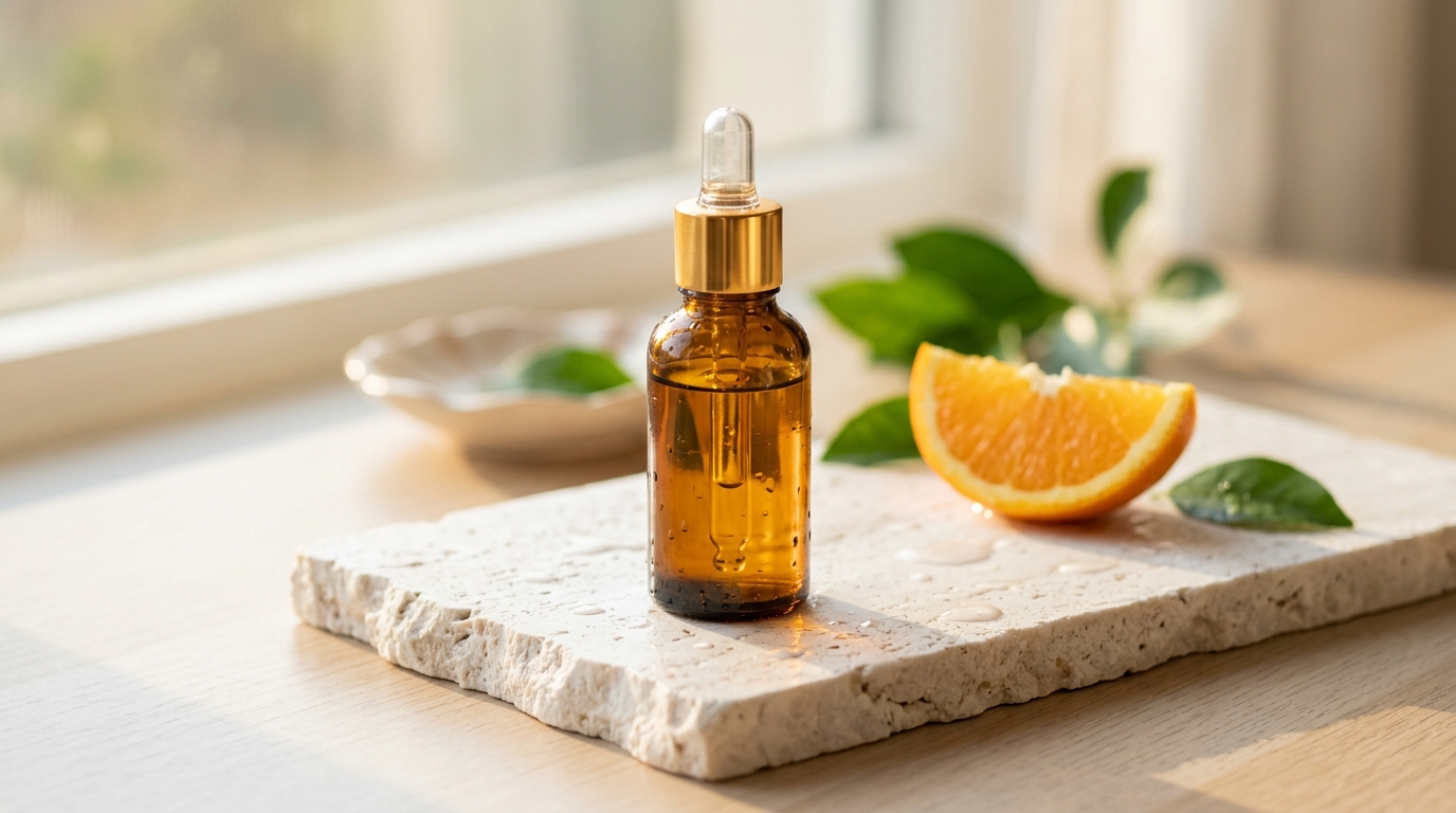 Amber glass bottle of Vitamin C serum on white travertine stone with fresh citrus